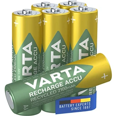 Image of VARTA Recharge Recycled Battery (Rechargeable, Ready to Use Pre Charged AA Mignon NI MH (2100 mAh), Made from 11 % Material, without Memory Effect), Pack of 6