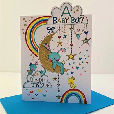 Image of Rachel Ellen A Baby Boy Bundle of Joy Card Bunny On Moon