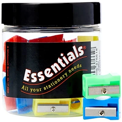 Image of Whitecroft Essentials Stationery Tubs Plastic Pencil Sharpeners Assorted Colours (Pack of 30)