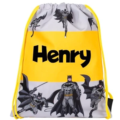 Image of BATMAN Personalised Drawstring Bag For Kids PE School Gift Boys Swimming Black