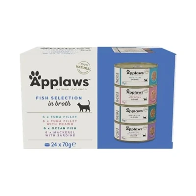 Image of Applaws 100% Natural Wet Cat Food, Multipack Fish Selection in Broth 70g Tin (24 x Tins)