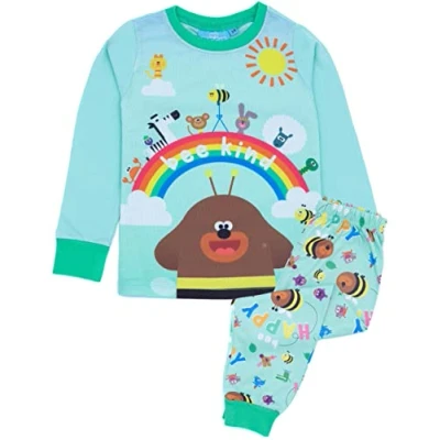 Image of Hey Duggee Girls Pyjama Set Childrens Blue &amp; Green Loungewear T Shirt Pants PJ Bundle Bee Kind with Long Sleeve Tee Leg Bottoms Clothing Pajama Nightwear Merchandise Gift for Kids