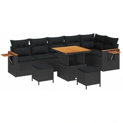 Image of vidaXL 9 Piece Garden Sofa Set with Cushions Black Poly Rattan Acacia