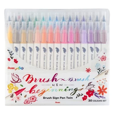 Image of Pentel SESW30C 30 Brush Sign Pen Twin, Colour Set, Fibre Tip Pens with Two Flexible Tips, Water based Ink, Assorted, Pack of