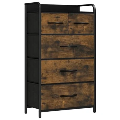 Image of YITAHOME Chest of Drawer With 5 Drawers for Bedroom Fabric Dresser Storage Handles Metal Frame Living Room, Hallway, Nursery, Rustic Brown