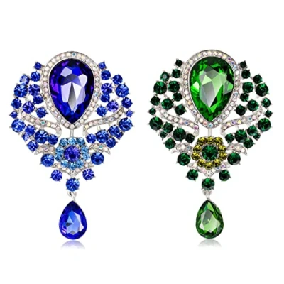Image of CAREOR 2 Pack Elegant Brooch Pin Corsage Faux Crystal Rhinestones Collar Safety Engraving Metal Lapel Jewelry for Women Girls Clothing Accessories (Blue+Green)