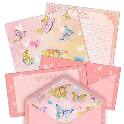 Image of Watercolor Butterfly Stationery Paper (Lined Single Side) 48 Pieces and Self Sealing Envelopes 24 PC Set, 100GSM Heavy Weight, Pink Letter Writing Stationary 11&quot; x 8.5&quot; with Letterhead