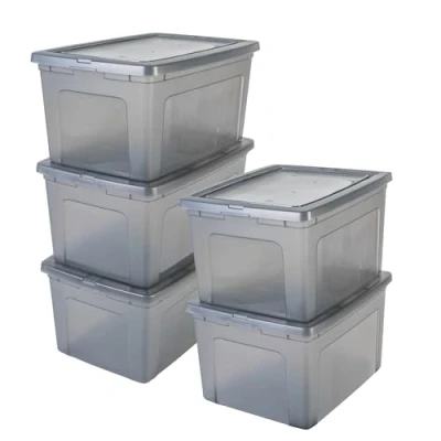 Image of Iris Ohyama Versatile Storage Boxes, 2L, Set of 5, Grey, Easy Latch, Stackable, Transparent Plastic, For Closet, Shelves, Classroom, Organisation, Toys, Art Supplies, Shoes, MCB 50