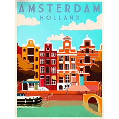 Image of Wee Blue Coo Travel Tourism Amsterdam Holl Netherlands Canal Bridge Boat Houses Large Art Print Poster Wall Decor 18x24 inch