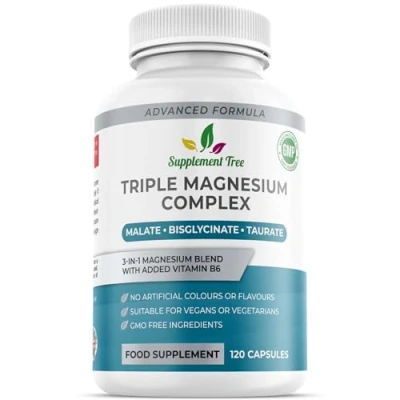 Image of Triple Magnesium Complex Glycinate, Malate, Taurate, Vitamin B6 Blend 375mg Elemental Magnesium, 120 Capsules, 40 Servings, Vegan, UK Made by Supplement Tree