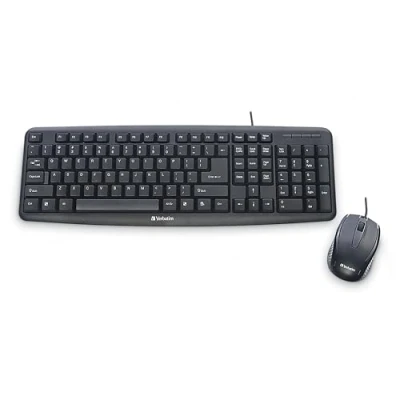 Image of Verbatim Slimline Wired Keyboard and Mouse Combo USB Plug Play Numeric Keypad Adjustable Tilt Legs Optical Corded Full Size Computer Compatible with PC, Laptop FFP Packaging Black