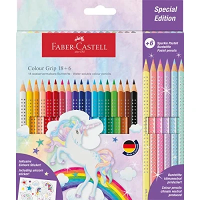 Image of Faber Castell Colour Grip Pencils, Unicorn Special Edition, 18 + 6 Sparkle Pastel Pencils