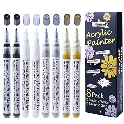 Image of Blumad Black White Gold Silver Acrylic Paint Pens, 0.7mm Permanent Marker Pens Waterproof for Rock Stones Ceramic Wood Metal Paper Glass Fabrics DIY 8 Pack