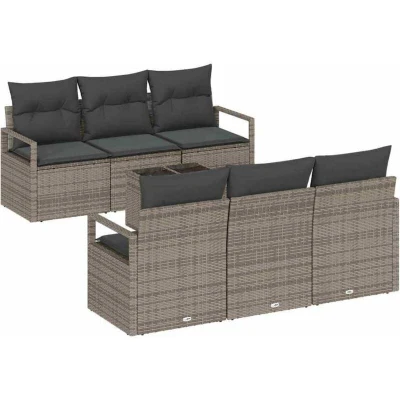 Image of vidaXL 7 Piece Garden Sofa Set with Cushions Grey Poly Rattan