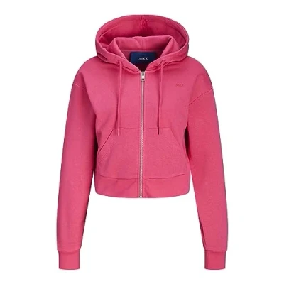 Image of JACK &amp; JONES Womens Sweat Hoodie Drawtrings Full Zip Regular Fit Dropped Shoulders, Raspberry Sorbet Colour, UK Size M