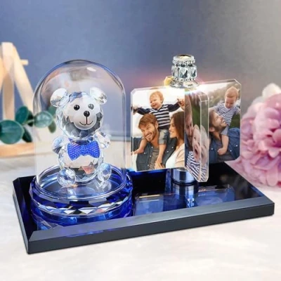 Image of Personalized Custom 3D Photo Engraved Inside The Crystal Night Light Family Baby Mother Lover Daddy Day Gift Bear 13cm x 16cm