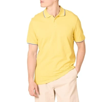 Image of Amazon Essentials Men&#039;s Slim Fit Cotton Pique Polo Shirt, Yellow Thin Stripe, XL