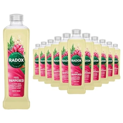 Image of Radox Feel Pampered Bath Soak Blended with Minerals, Herbs Scents of Shea Butter and Ginger to Relaxed, 500 ml Bulk Buy (12)