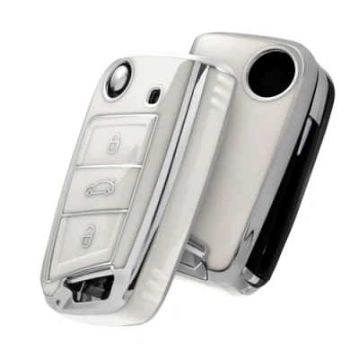 Image of OATSBASF Car Key Cover for VW Golf 7 Box/Key Case VW, Polo, Skoda, Seat, 3 Buttons,Silver Edge White