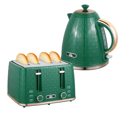 Image of HOMCOM Kettle and Toaster Set, 1.7L 3000W Fast Boil Jug with Auto Shut Off, 4 Slice 7 Level Browning Controls &amp; Crumb Tray, Green
