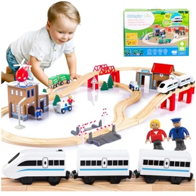 Image of Green series Kinderplay Wooden Train Set Toy Track for 3 year Old Boys, 80 pcs, 378 cm long Railway Ride On Battery Police Station, GS0010