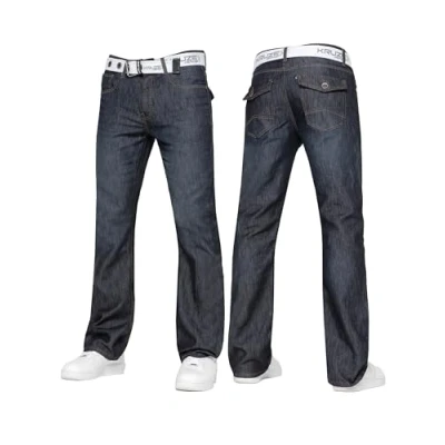 Image of BRAND KRUZE Mens Bootcut Jeans Casual Flared Wide Leg Free Belt Stylish Fashion Denim Trouser Pants KZ115 Dark Blue 30W / 30L