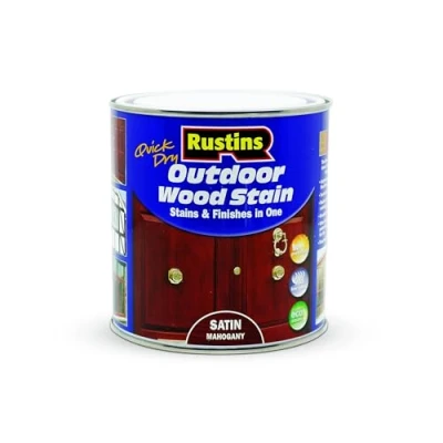 Image of Rustins Quick Dry Outdoor Wood Stain Satin Mahogany 1ltr Durable and Weather Resistant Finish, Fast Drying, Vibrant Color for Decks, Fences, &amp; Furniture, Available in Many Shades
