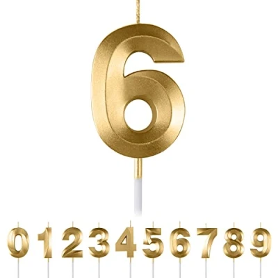 Image of 6th Birthday Number Candles,3D Gold Candle,Number 6 Candle for Party Cake Topper Decorations Boys Girls Anniversary Supplies