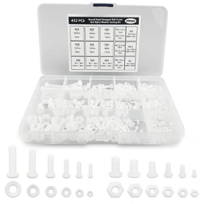 Image of 432PCS Round Head Hexagon Bolt Screw Nut Nylon Washer Sorting Kit with a Plastic Box M2 M2.5 M3 M4 M5 M6(White)