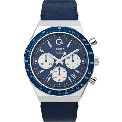 Image of Timex Men&#039;s Q Chronograph 40 mm Watch Blue Leather Two Piece Quick Release Strap Dial Stainless Steel Case TW2W51700