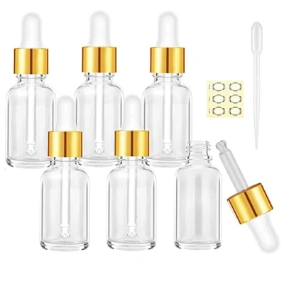 Image of Alledomain 6Pcs, 10ml Transparent Glass Bottles with Dropper Pipettes, Empty Gold Aluminum Alloy Cap Refillable Sample Container for Essential Oils/Massage Oils/Chemical Liquid