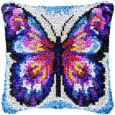 Image of CAIRF Latch Hook Kit Colourful Butterfly Pattern B Cushion Kits for Aadults DIY Needlework Crafts Cover Case, 43 X cm