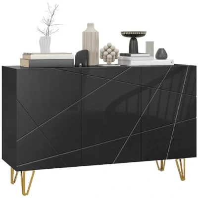 Image of HOMCOM Storage Cabinet with High Gloss, Freestanding Sideboard Adjustable Shelves, Soft Close Doors and Gold Tone Hairpin Legs for Living Room, Dining Hallway, Black
