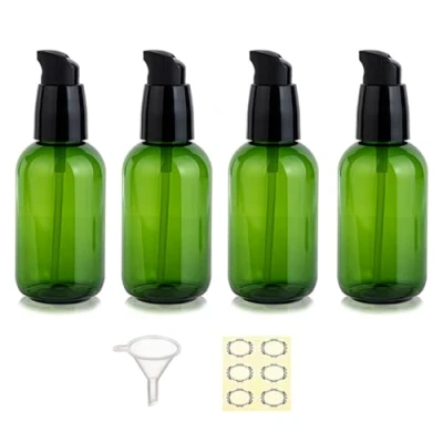 Image of Apstaqeoo 4Pcs 80Ml Empty Lotion Pump Bottle Dispenser for Toiletries TSA Approved Leak proof Plastic Travel Bottles Container with Label &amp; Funnel Cleaning Shampoo Cosmetic (Green)