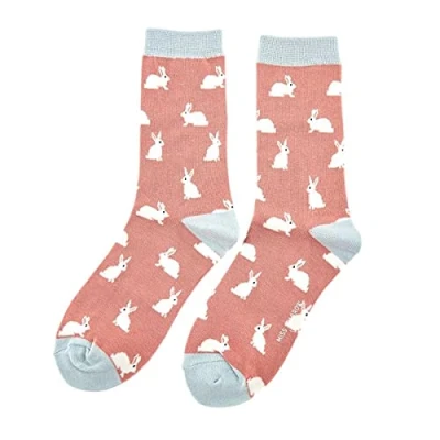 Image of Rabbits on Dusky Pink Womens Novelty Ankle Socks Adult One Size