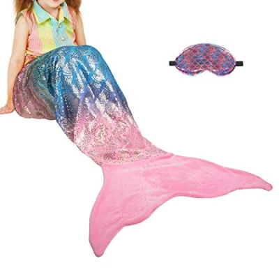 Image of Catalonia Classy Mermaid Tail Blanket, Soft Warm Plush Fleece Sleeping Bag Snuggle Blanket for Teens 155 x 48 cm Rainbow Ombre, Fish Scale Pattern