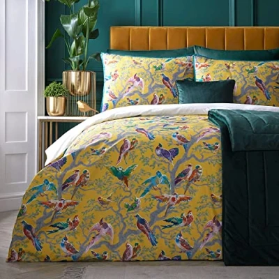 Image of Laurence Llewelyn Bowen Yellow Birds Duvet Cover Double Bedding Size (200 x 200cm) Soft 100% Cotton Satin 2 Pillowcases 200 Thread Count Luxury Bird in