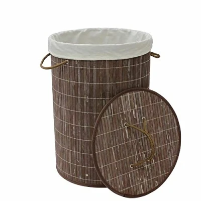 Image of MantraRaj Round Bamboo Collapsible Laundry Basket Washing Wooden With Lid Hamper Bin Handles Dirty Clothes Baskets for Bedrooms, Bathroom,Camping (Brown)