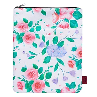 Image of Book Sleeve White Floral Protector, Covers for Paperbacks, Washable Fabric, Sleeves with Zipper, Medium 11 Inch X 8.7 Lover Gifts