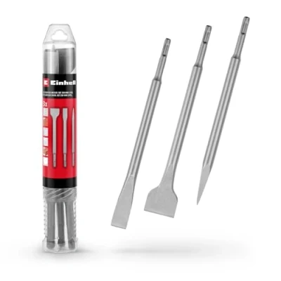 Image of Original Einhell 3 Piece SDS Plus Chisel Set, 250 mm (with Pointed Chisel, 20 Wide Flat and 40 Spade Made of Durable 40Cr Steel for Demolition Renovation Work)