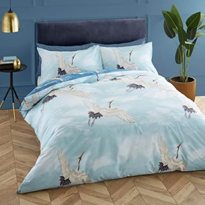 Image of Catherine Lansfield Bedding Cranes Single Duvet Cover Set With Pillowcase Duck Egg Blue