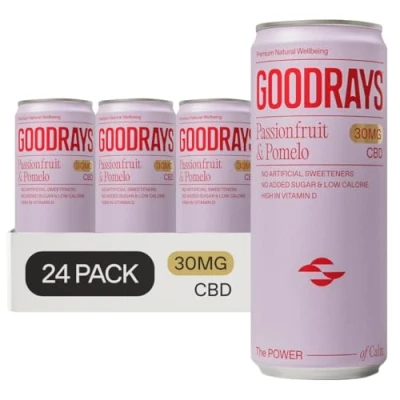 Image of Goodrays 30mg CBD Drink 24 x 250ml Cans Passionfruit &amp; Pomelo Natural Flavours, Low Calorie, Vegan High Strength (30mg/can), All Reduce Stress Unwind