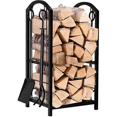 Image of Elex Fireplace Log Rack 16 x 29.2 12inch with 4 Tools Wrought Iron Firewood Holders Indoor Wood Stove Outdoor Heavy Duty Stacking Storage Kit for Tool