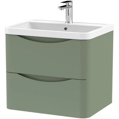 Image of Lunar Satin Green 600mm Wall Hung 2 Drawer Vanity Unit and Polymarble Basin LUN802 Nuie