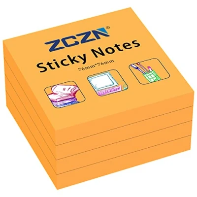 Image of ZCZN 76 x mm Sticky Notes, 100 Sheets/Pad, 4 Pads, Orange
