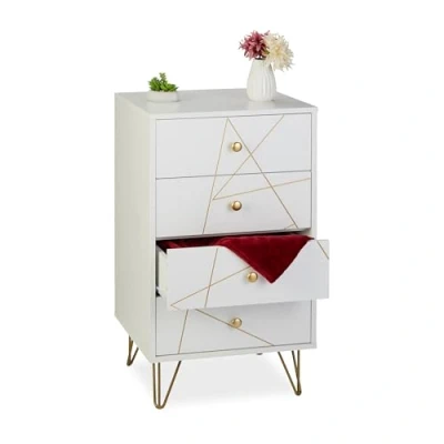Image of Relaxdays Dresser, HWD: 86 x 48 39 cm, 4 Drawers, MDF &amp; Iron, Storage Unit, Living Room, Bedroom, Hallway, White/Gold, Fibreboard