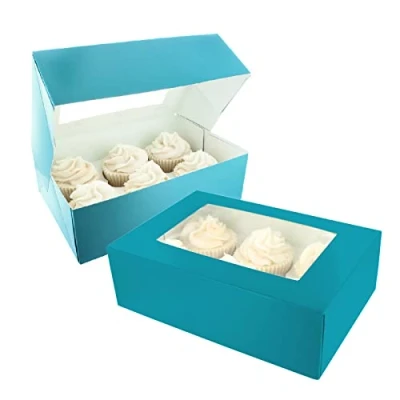 Image of Baked with Love 6/12 Cupcake Box, Twin Pack, Teal Boxes to Carry Tasty Treats, Includes Dual Insert for 6 Standard Cupcakes or 12 Mini Cupcakes, Pack of 2 Blue