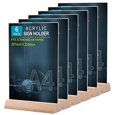 Image of Srvnpioy Acrylic Sign Holders A4 Table Stands (Pack of 6) T Shape Wooden Base Menu for Restaurants School Office Display Menus Poster Document