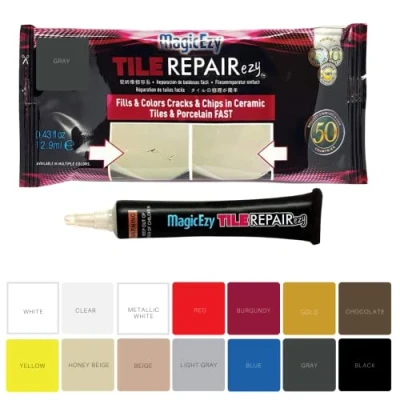 Image of MagicEzy Tile Repairezy (Grey) Ceramic Chip Repair Filler Porcelain Crack Kit Gap Putty Bathroom Floor Tiles, Counter Tops Wall Touch Up Pen