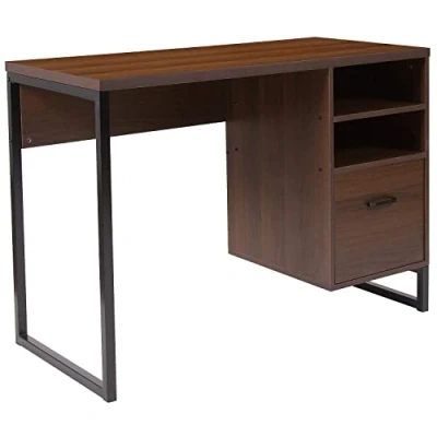 Image of Flash Furniture Northbrook Rustic Coffee Wood Grain Finish Computer Desk with Black Metal Frame